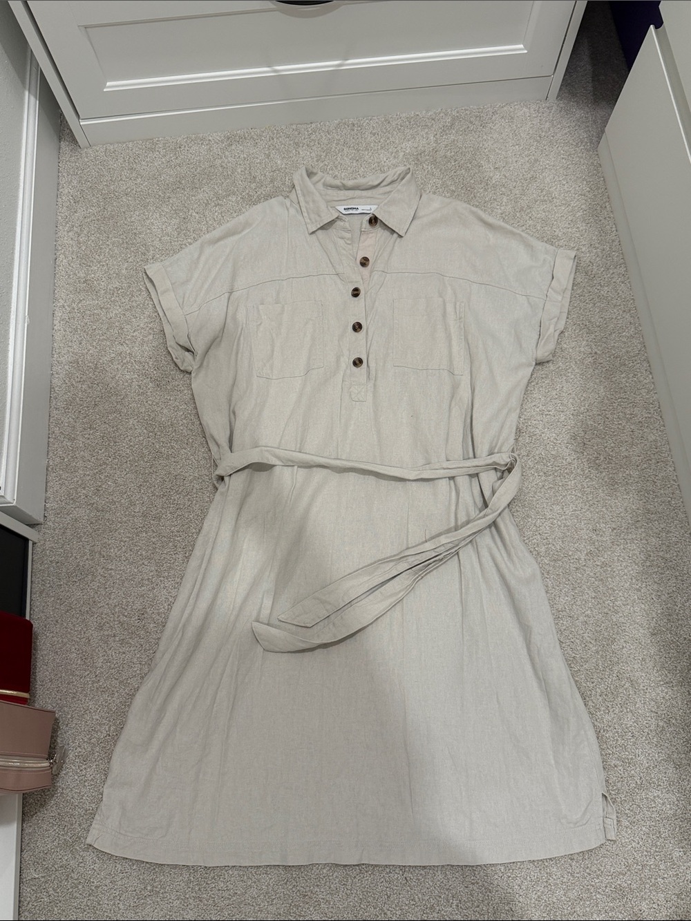 Sonoma Light Beige Button-Front Midi Shirt Dress with Tie Belt